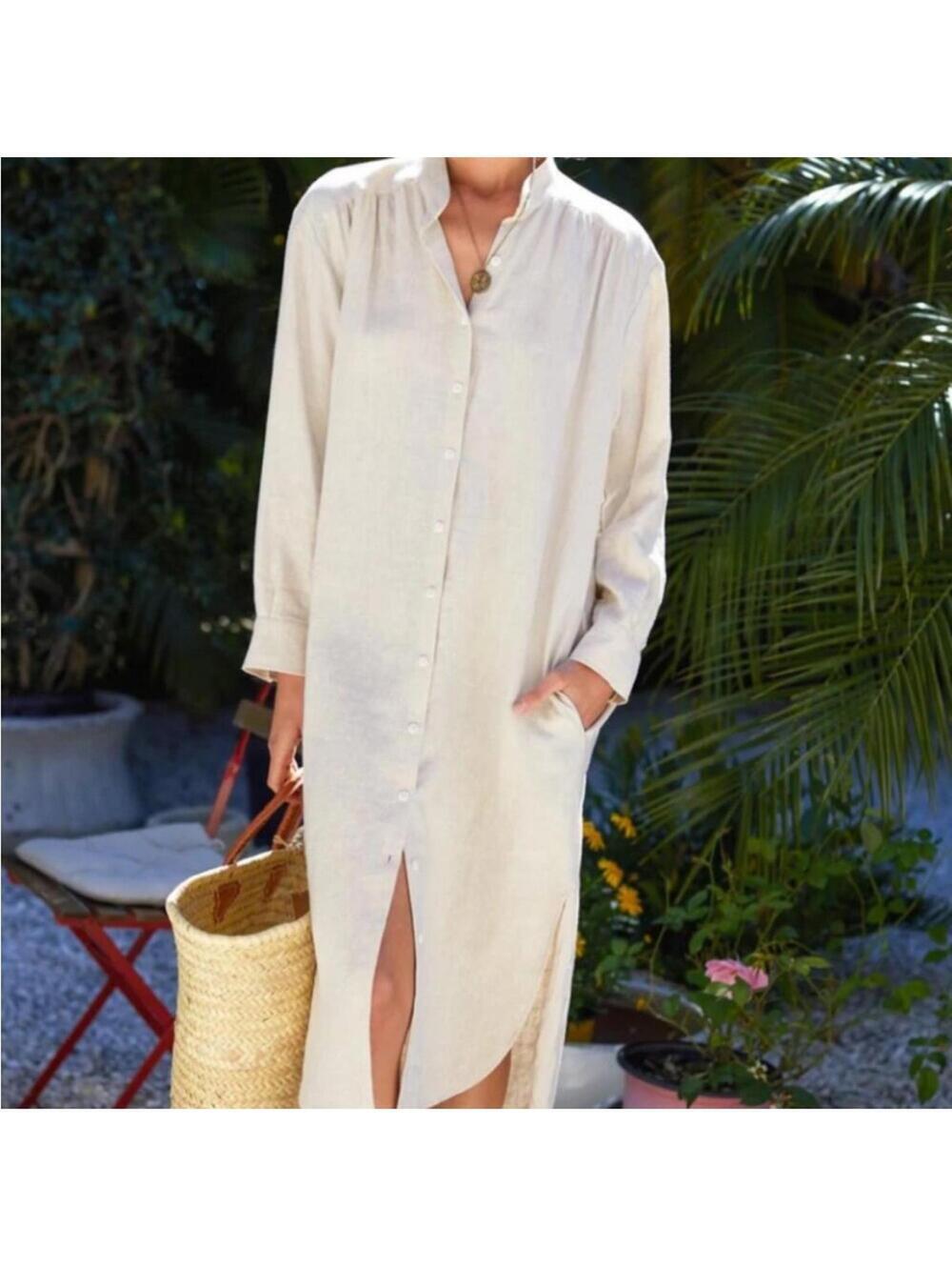 Emerson Fry Midi 100% Linen Shirtdress Button Down in Beige Almond XS $248